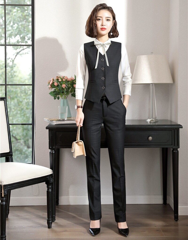 Formal Women Business Suits with Pant and Vest Set Work Wear Ladies Black Waistcoat Office Uniform Styles
