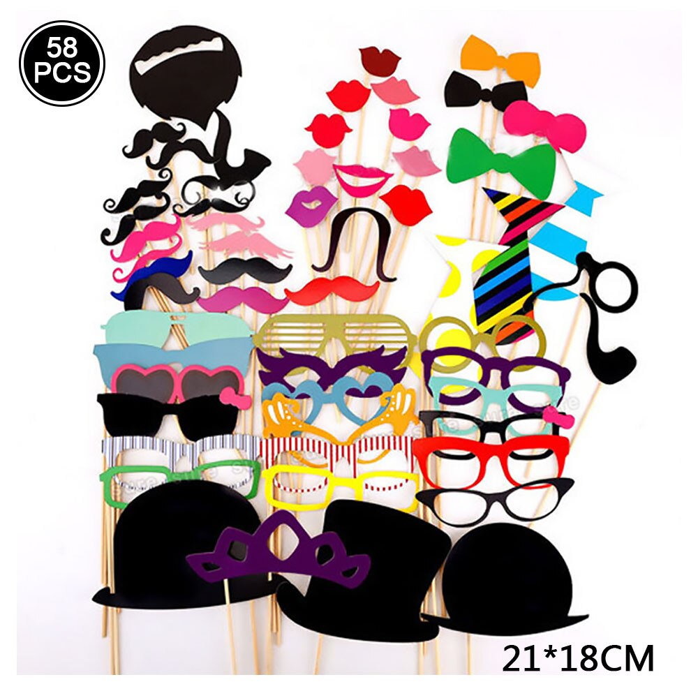 Accessoires Photo à main en or Rose, moustache de jeu de mariage, décor d&#39;anniversaire pour enfants, accessoires Photo, masque de déguisement enterrement de vie de jeune fille: 58PCS  H