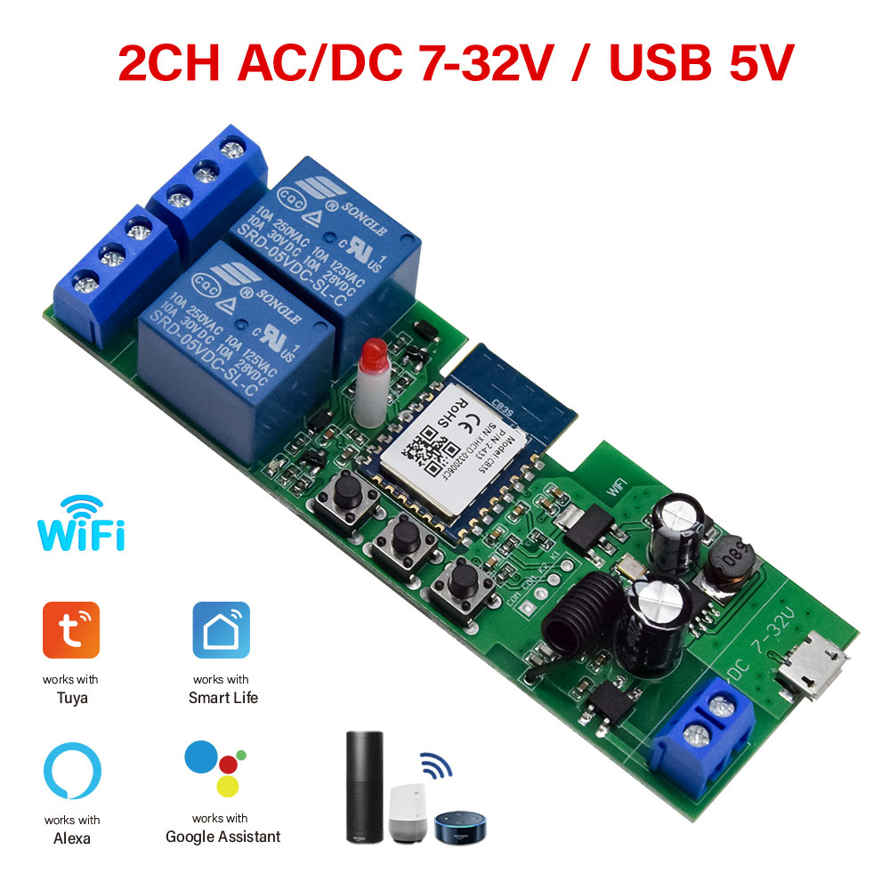 Tuya WiFi Relay Module 2 Channel 7-32V 85-250V 220V Bezprzewodowy inteligentny przełącznik zdalnego sterowania domem z RF 433MHz Alexa Googole Home: Bundle1