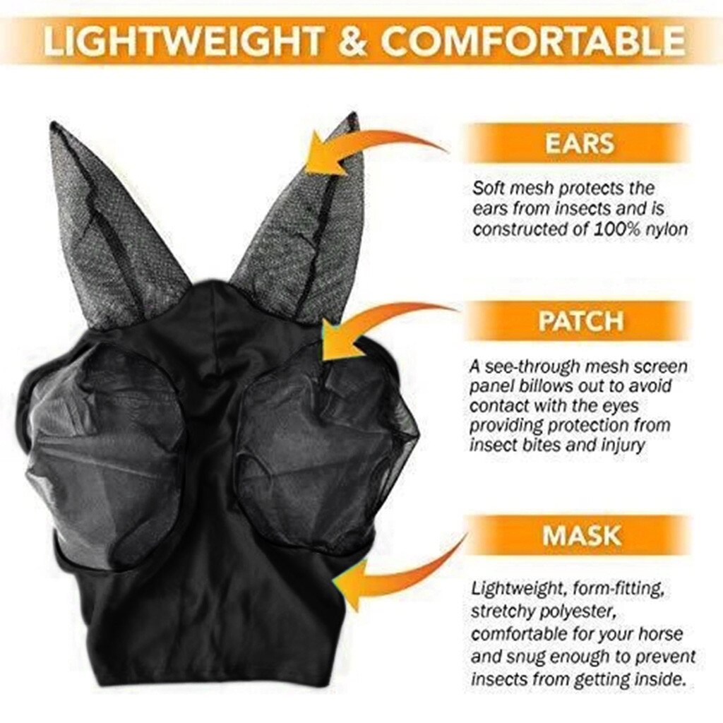 Anti-Fly Mesh Equine Mask Comfort Fit Fly Mask Protects Eyes and Ears Horses UV Protection Face Cover Farm Animal Supplies