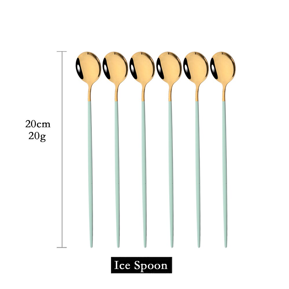 Mint Gold Tableware Cutlery Set Mirror Stainless Steel Dinnerware Dessert Knife Fork Ice Spoon Flatware Set Dinner Silverware: 6Pcs Long Spoon