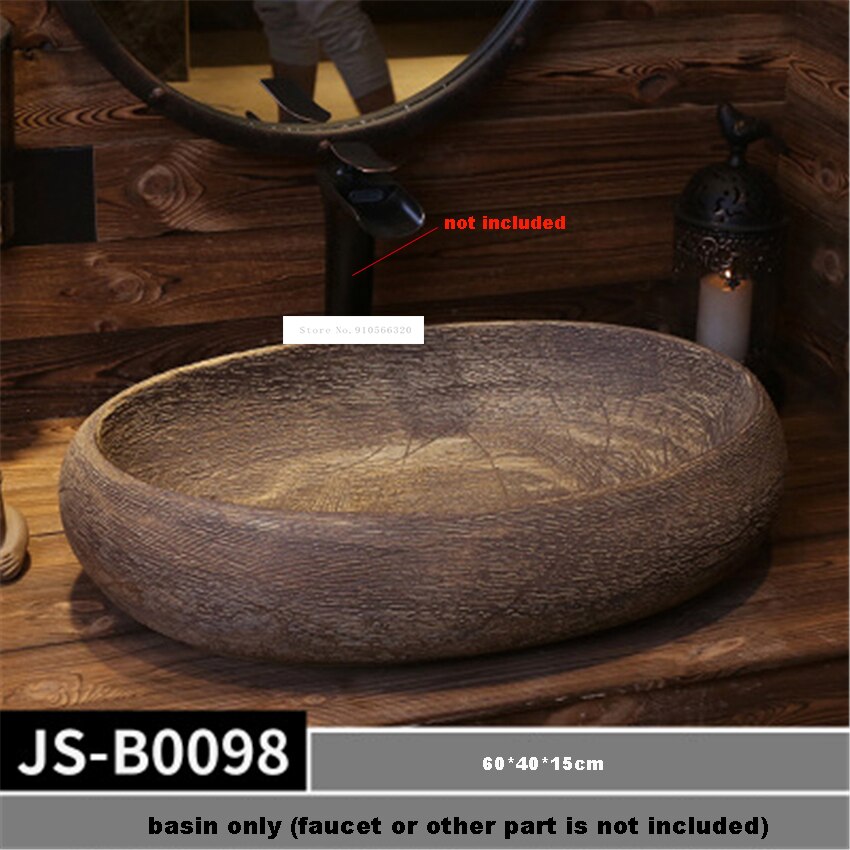 Lavabo ovalado de cerámica hecho a mano, lavamanos sobre lavabo de encimera, estilo europeo, JS-B0097/JS-B0098/JS-B0099/JS-B0100: JS-B0098