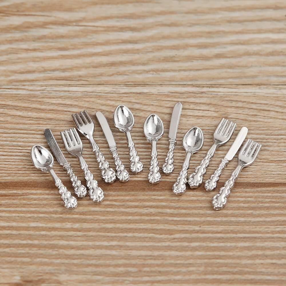 12Pcs Simulation Mini Cutlery Set Dollhouse Furniture 1:12 Scale Fork Knife Spoon Miniature Tableware Doll Accessories