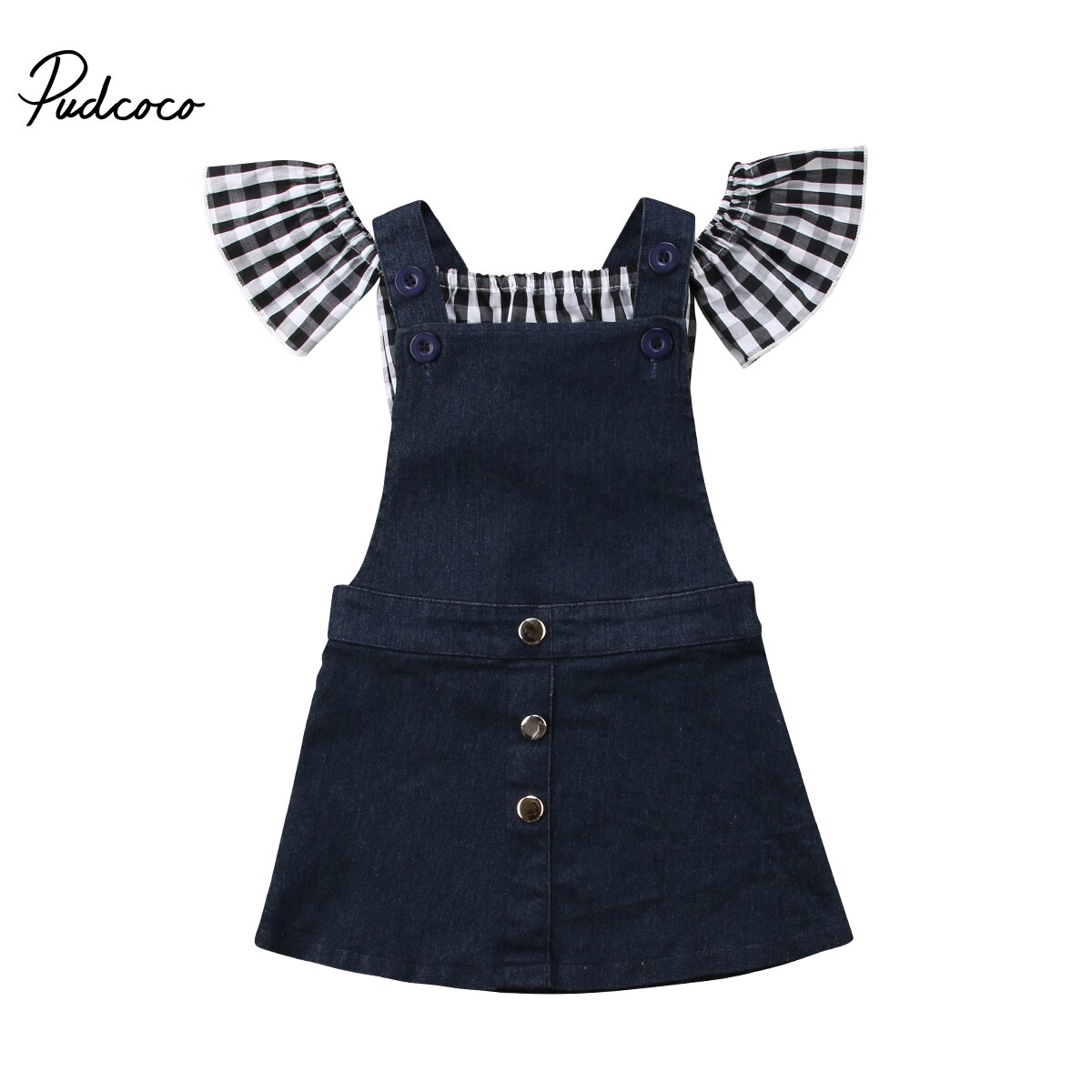 Del bambino Del Bambino Delle Ragazze di Estate di Modo Grazioso 2PCS Set Manica Corta Petalo Plaid T-Shirt Magliette e camicette Button Solid Tute e Salopette Vestito 1-6Y