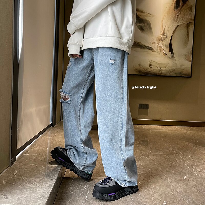 Pantalones vaqueros elásticos para hombre, rasgado y roto, Jeans rectos con agujeros a la , talla grande