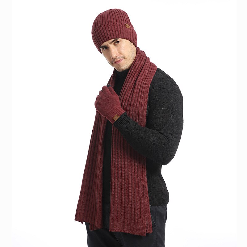 Esportes de inverno correndo quente malha cachecol gorro chapéu e luvas definir masculino macio elástico chapéu cachecol e luvas conjunto