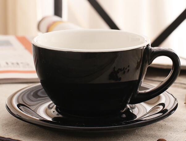 300 ml farverige tykke porcelæns-kaffekopper og underkopper, keramiske lattekopper og underkopper: Sort