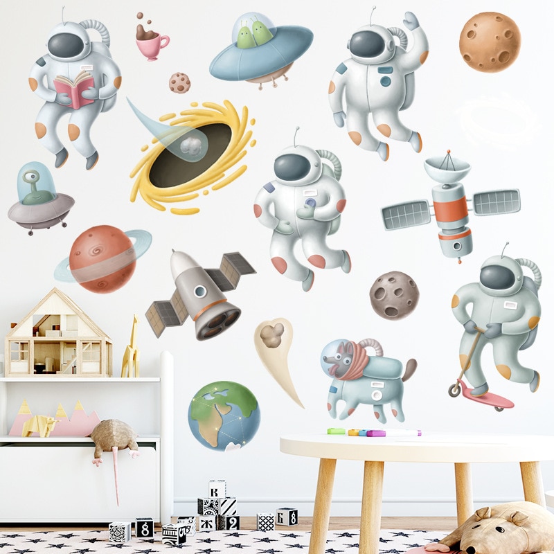 Cartoon Astronaut Muurstickers Voor Kinderkamer Nursery Babykamer Milieuvriendelijke Vinyl Ufo Muurstickers Diy Art Verwijderbare Muurschilderingen