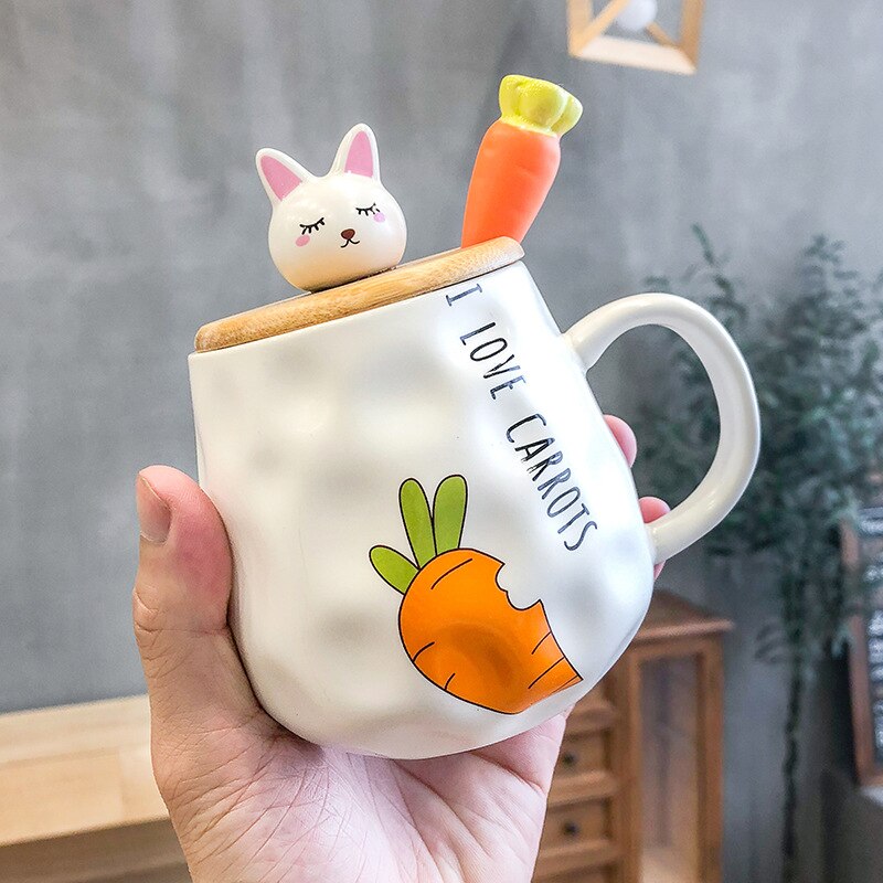 400ML Cartoon Ceramic Mug Turnip Rabbit Wooden Lid Ceramic Cup Milk Coffee Tea Cup Office Home Student Couple Cup: A