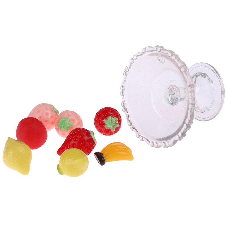 9Pcs 1:6 Dollhouse Transparent Glass Dessert Fruit Tray With Fruit Dollhouse Miniatures Acc Miniaturas Dolls House Furniture