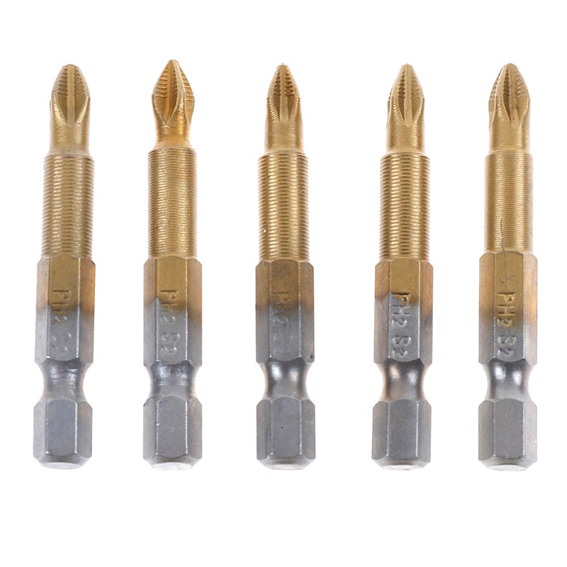 5pcs/set Anti Slip Electric Screwdriver Bits 1/4" Hex Shank Titanium Coated Screwdriver Bits PH2 50mm