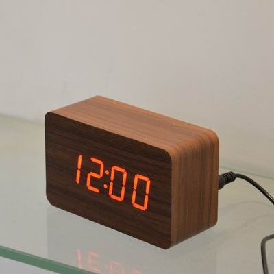 Fibisonic Houten Wekkers Met Thermometer, Geluidsregeling Hout Led Klokken, Digitale Bureau En Tafel Klok: brown with red