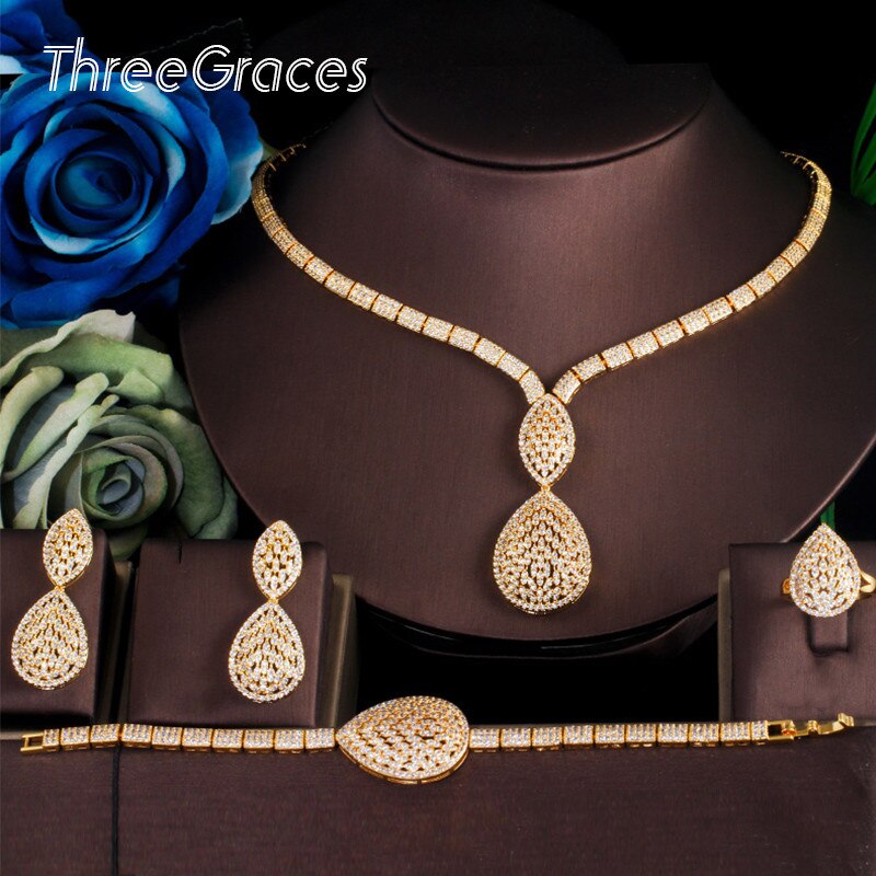 Threegraces Luxe Goud Kleur Dubai Bruids Bruiloft Sieraden Zirconia Grote Druppel Ketting Oorbellen Armband Ring Sets TZ509