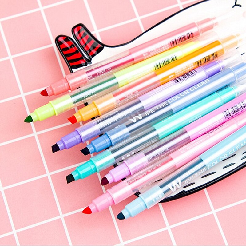 Rotuladores borrables de doble punta, marcadores fluorescentes con dos cabezales que se pueden borrar, subrayadores escolares, set/10 unidades, bonitos colores