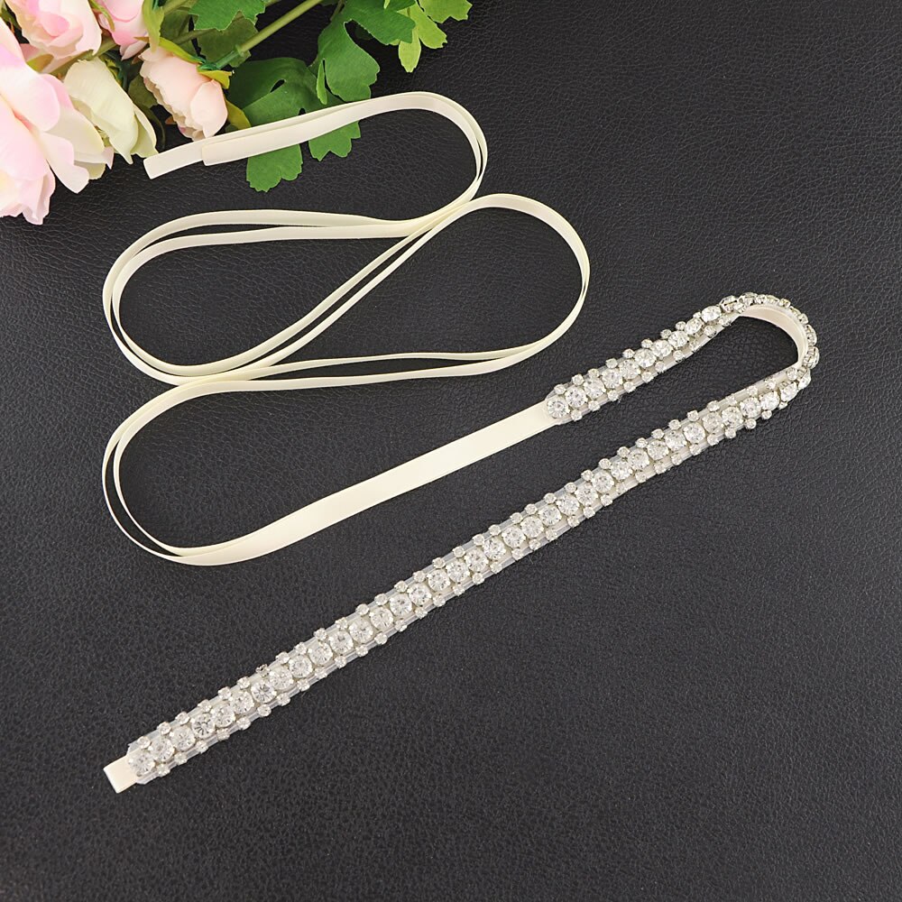 ZMS42 Rhinestone Belt with Ribbon Sequin Bridal Thin Wedding Dress Sash Sparkly Silver Party Women's Belts Accessories: Ivory
