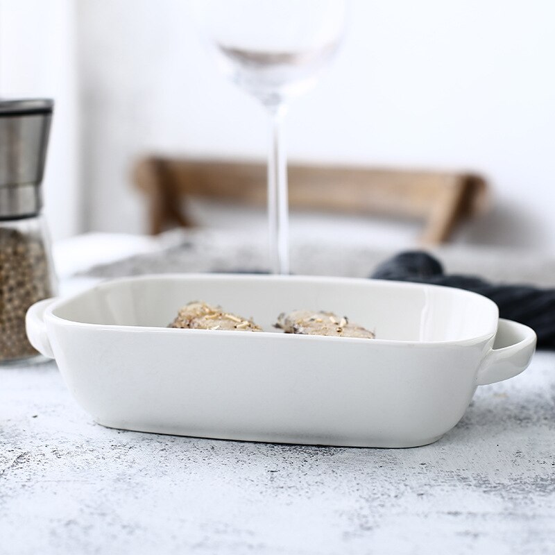 Oval Ceramic Binaural Baking Tray Home Soup Plate Red and White High Temperature Resistant Baked Rice Plate