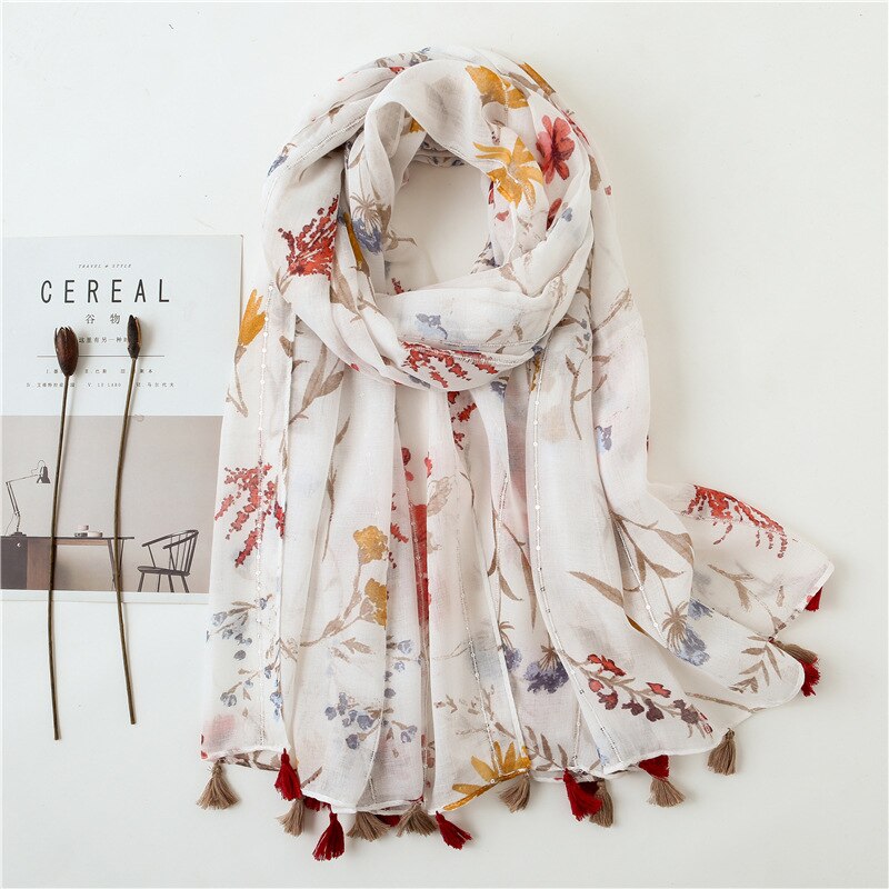 Foulard bohème pour femme, hijab blanc imprimé bohème, écharpe chaude en viscose, marque de luxe, couverture enveloppante pour femme