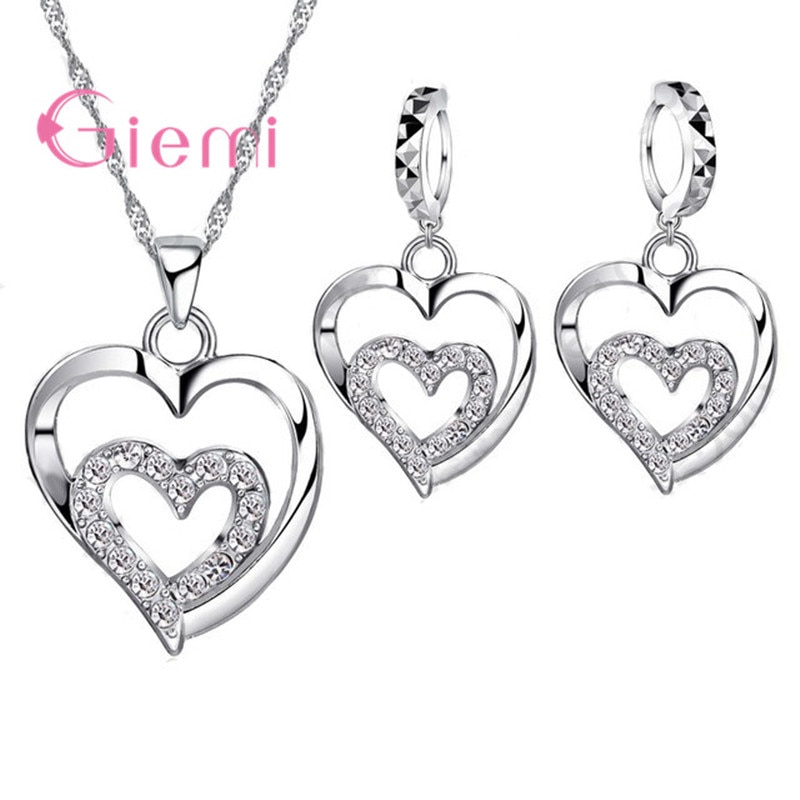 Romantische Vrouwen Sieraden Sets 925 Sterling Zilver Zircon Cz Kristal Dubbele Hart Ketting & Oorbellen Sieraden Set