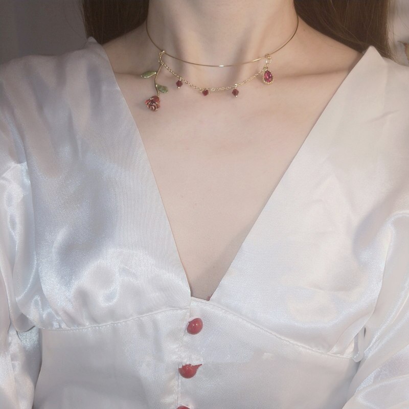 FFLACELL Coreano dell'annata Del girocollo del Gocciolamento della Glassa Rosa Ramo di Fiori di Perle Clavicola Collana Del Collare A Catena per Le Donne Sveglio di Modo Dei Monili