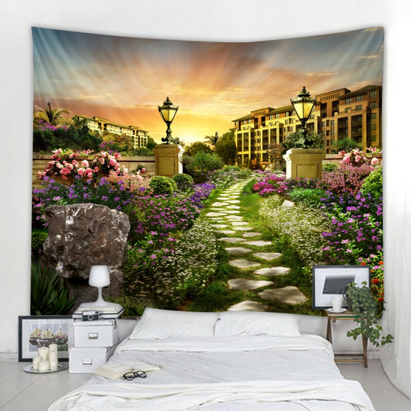 Beautiful city flower path wall hanging in the sunset 3d digital printing tapestry bedroom art decoration