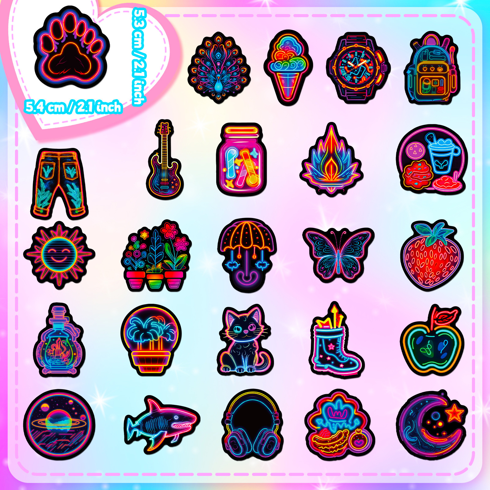 50PCS Cool Neon Light Stickers Trendy Graffiti Waterproof Vinyl Neon Stickers Pack for Phone