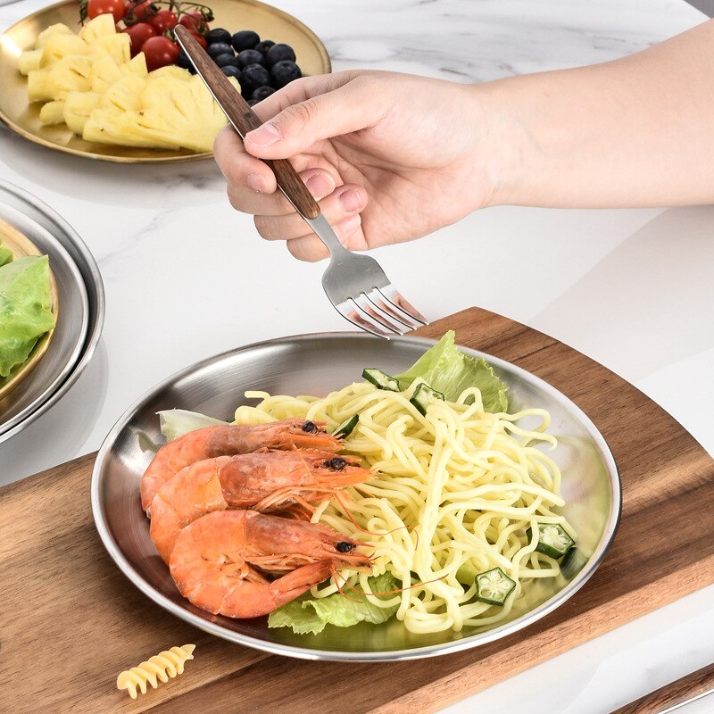 5pcs Dinner Plates Gold Dining Plate Serving Dishes Round Plate Tray Western Steak Round Tray Kitchen Plates set Stainless Steel