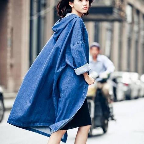 Trench coat en denim femme, ample super long en denim trench coat femme, décontracté avec capuche en denim, printemps