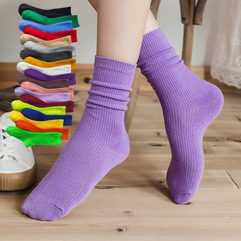 Women Japanese Korea High School Girls High Socks Loose Solid Colors Double Needles Knitting Cotton Long Socks