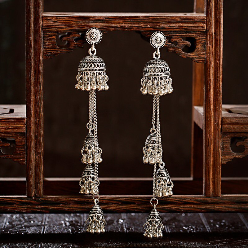 Retro Bollywood Oxidized Women Jhumka Indian Earrings Femmes Ethnic Gold Silver Color Afghan Bell Long Tassel Earrings