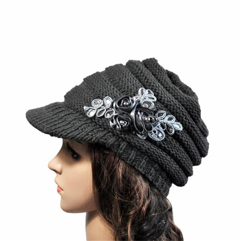 Korean version autumn winter women hats tide brim sequin patch knitted hat ladies beret Cap Painter Caps Round Hat: Dark Grey