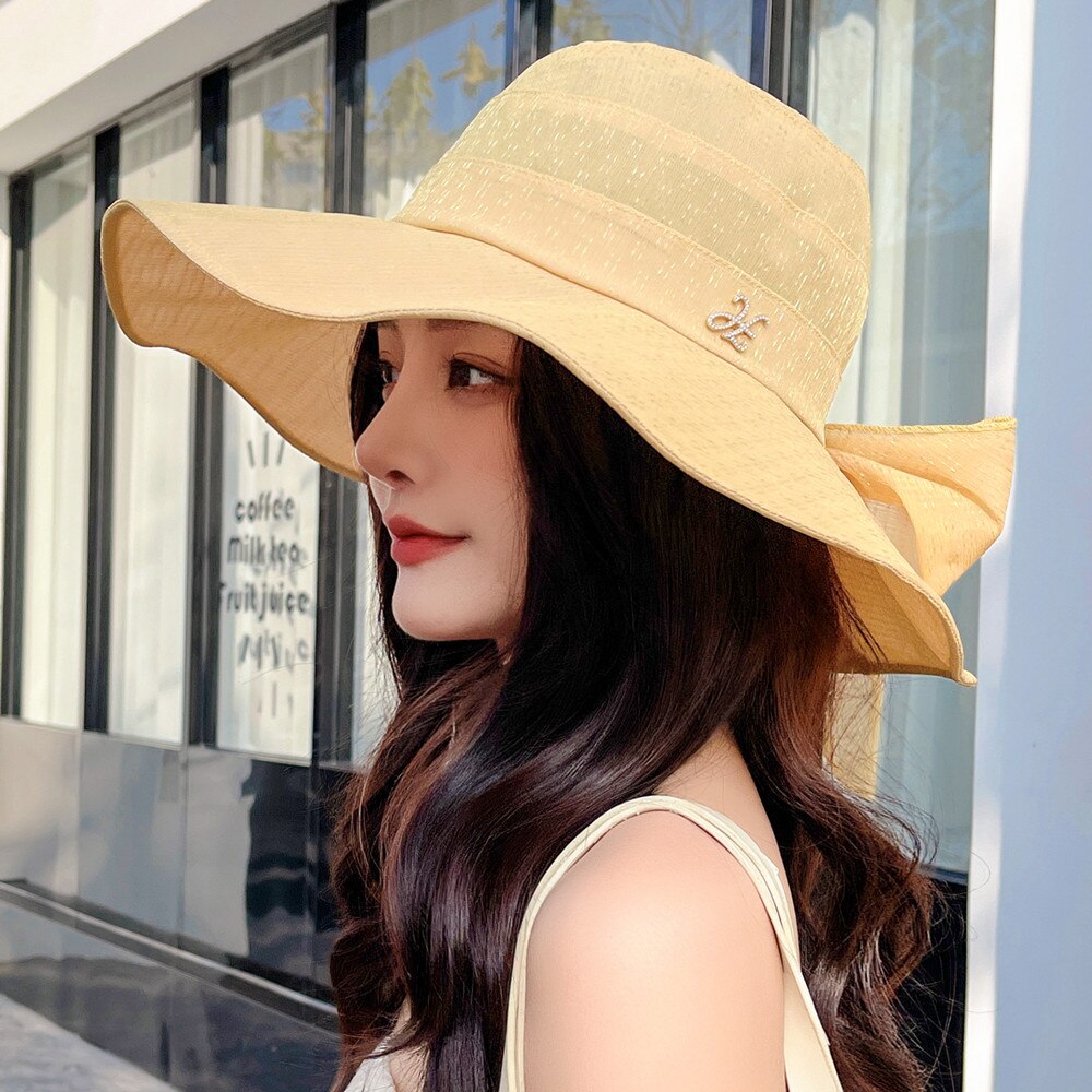 Vrouwen Zomer Zon Hoeden Plain Kleur Mode Boog Zonnehoed Vrouwelijke Outdoor Zon Reizen Strand Hoed: Yellow