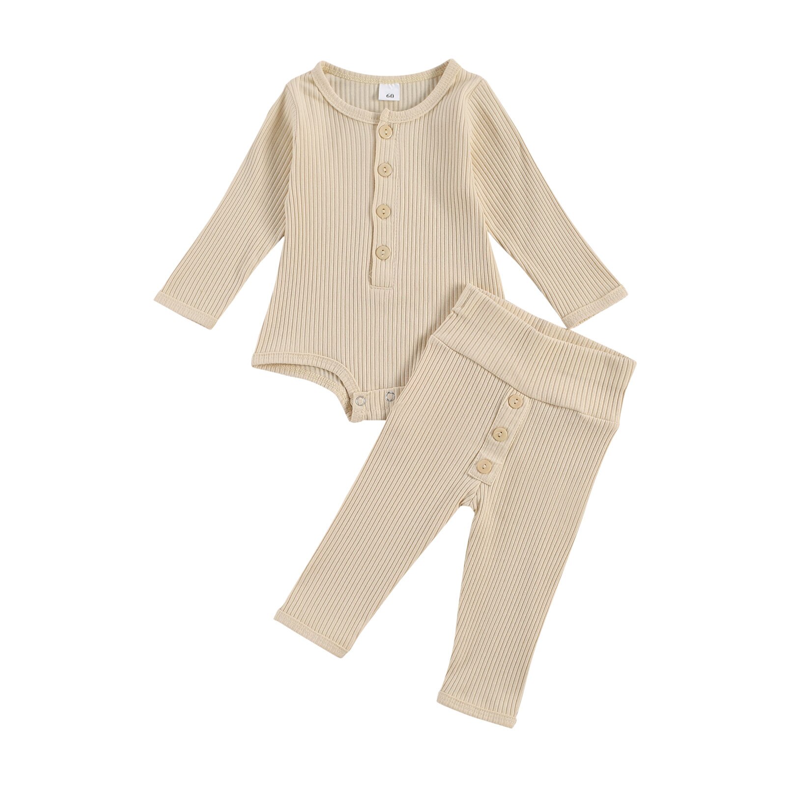 Focusnorm 0-18M Pasgeboren Baby Meisjes Jongens Nachtkleding Sets Solid Knit Knop Lange Mouw Romper Tops Broek 2 stuks 4 Kleuren: Beige / 18m