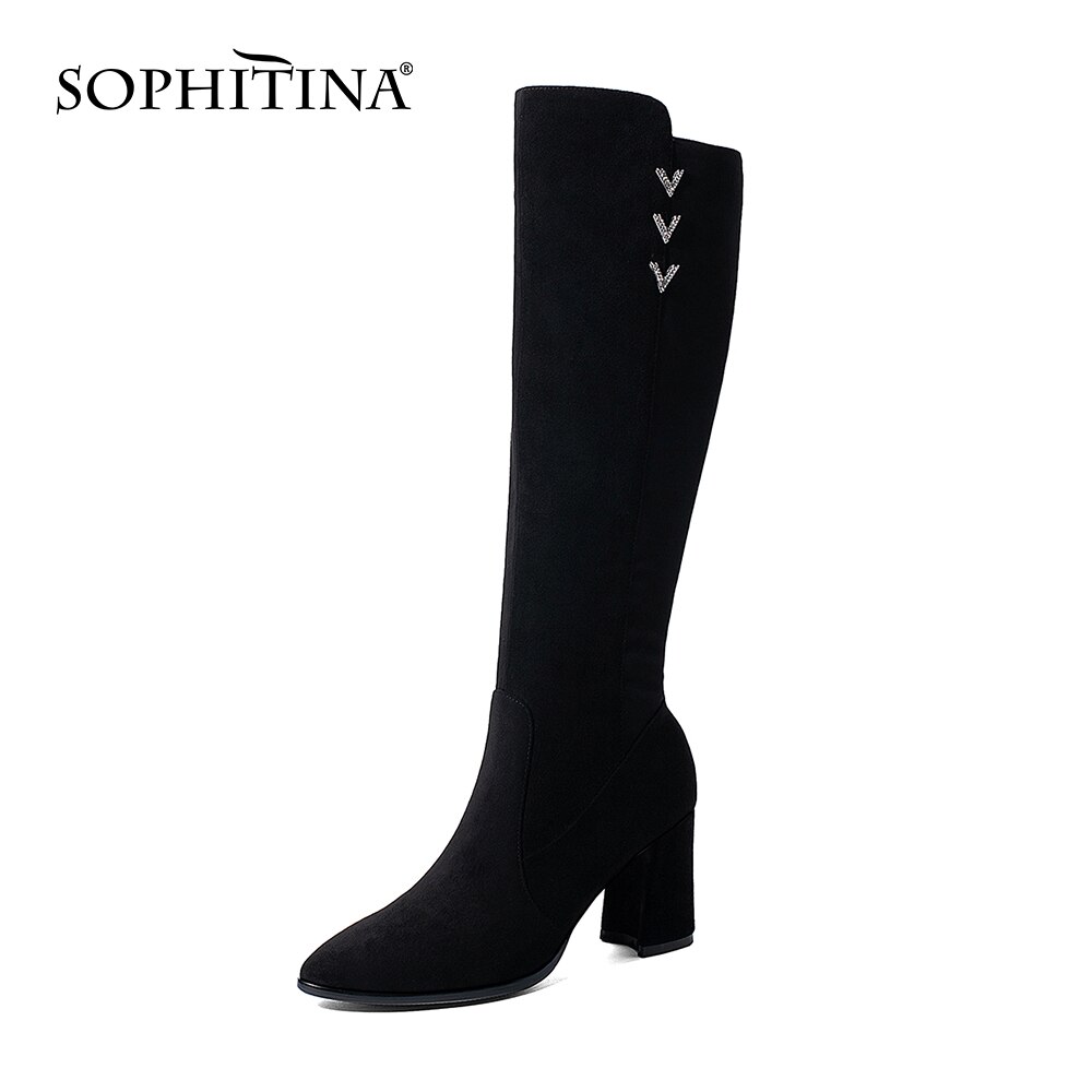 SOPHITINA Style Mature genou-bottes femme Strentch tissu bout pointu daim haut sabot talon fermeture éclair mince bottes longues chaussure PO827