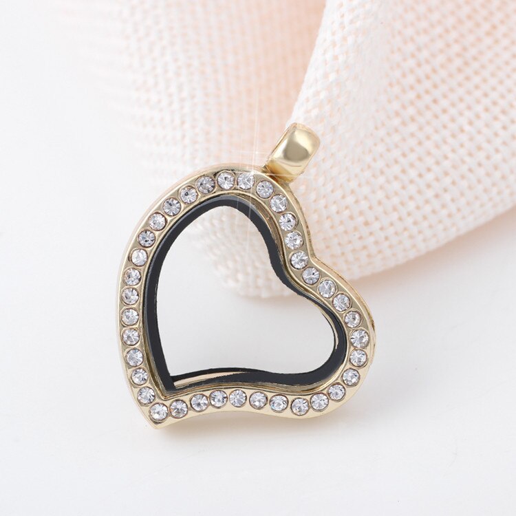 10pcs/lot Rhinestone Heart Floating Memory Locket Necklace Magnetic Glass Living Locket Without Chain: L14-Gold