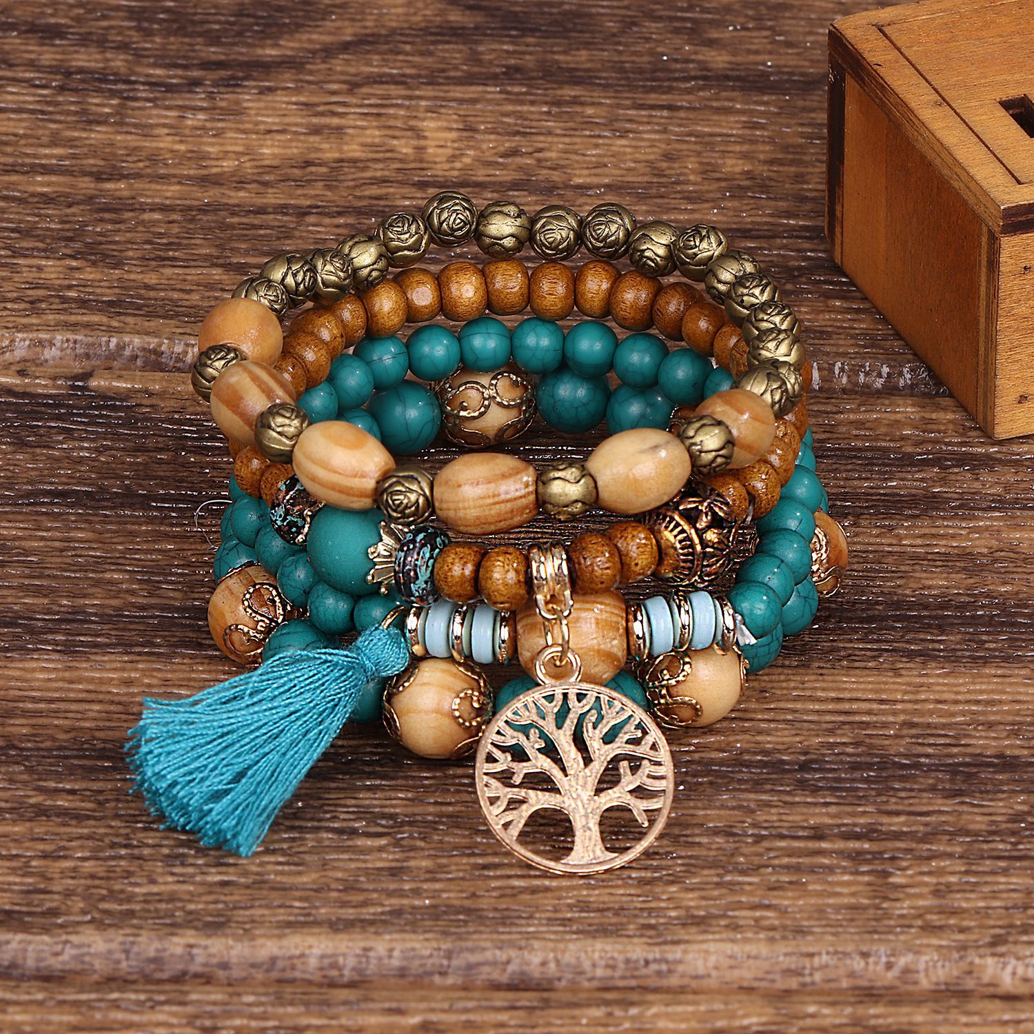 Conjunto de pulsera de árbol de la vida para mujer, brazalete de cadena elástica con cuentas de madera y borlas, joyería de para