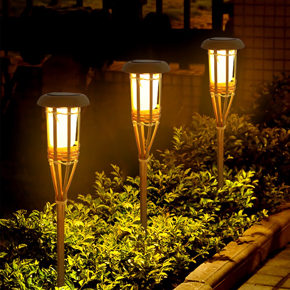 1 pc bamboe zaklampen op zonne-energie, intelligente warmgele tuinpadverlichting voor binnentuin en huis