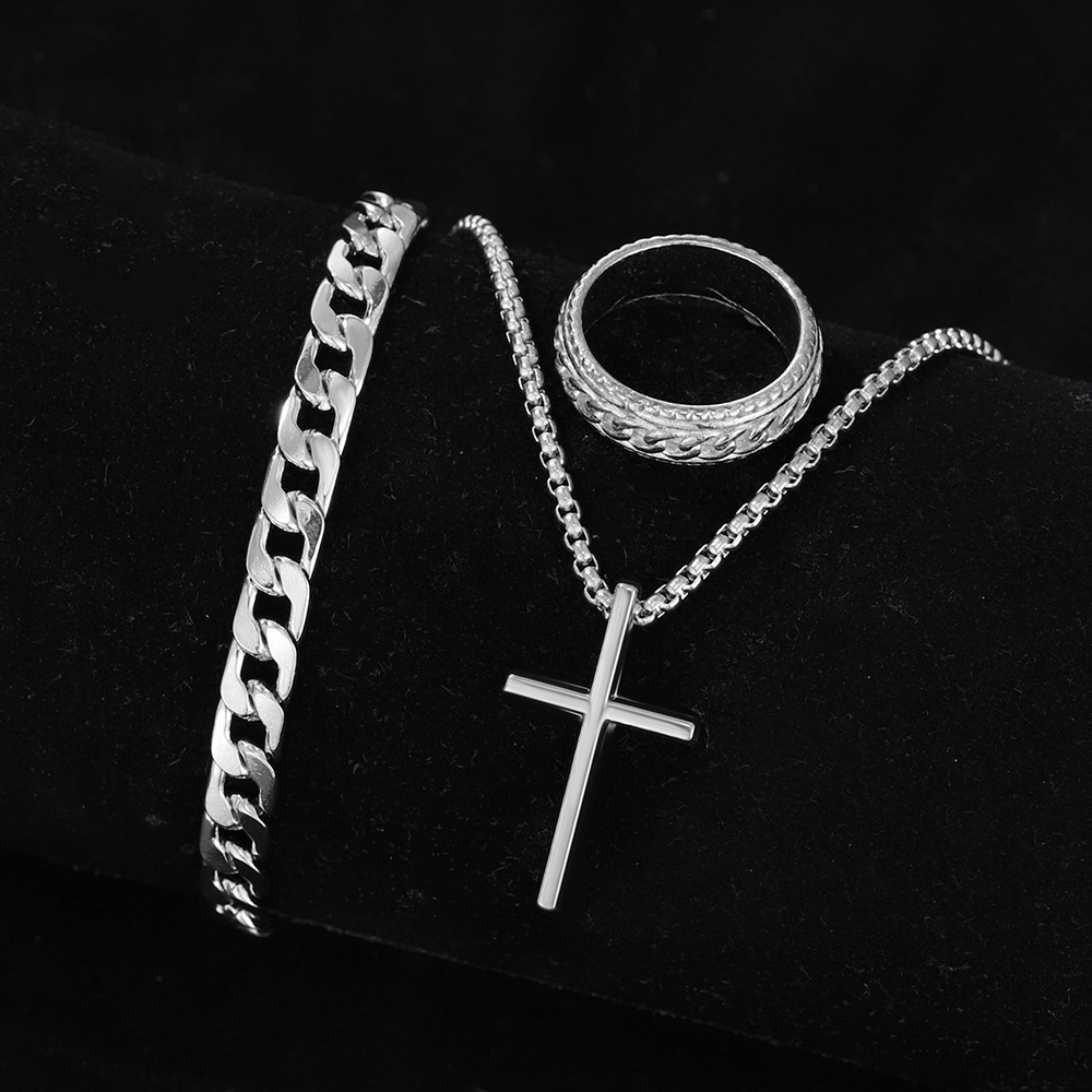 3 piezas hombres personalidad Simple negro acero inoxidable no se decolora Cruz collar anillo pulsera conjunto Accesorios: PLATEADO
