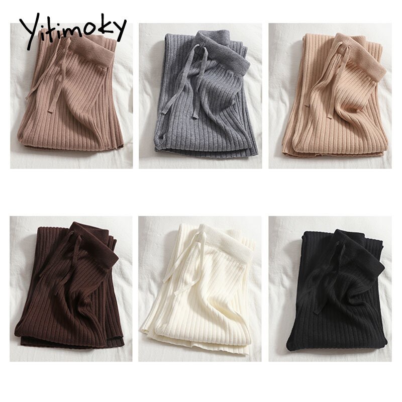 Yitimoky Knitted Wide Leg Pants for Women Streetwear Clothes Joggers Baggies Drawstring Sweatpants Work Bottoms Pants Ulzzang