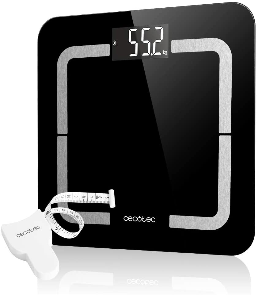 Cecotec Surface Precision 9450 Full Healthy Báscula Eléctrica de Baño Digital Inteligente con Plataforma De Cristal Templado Pantalla LCD Máxima 180kg Incluye Cinta Métrica Medición Precisa de 10 Parámetros: 9450 BLACK