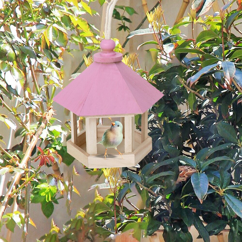 Outdoor Wooden Bird Feeder Garden Wooden Bird House Food Container Feeder With Hanging Rope /Blue ^_^