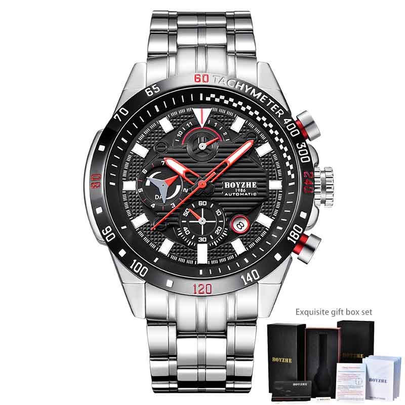 BOYZHE Sport Automatische Uhr Männer Edelstahl Chronograph Herren Mechanische Uhren Auto Datum Luxus montre homme: Schwarz Silber- hinzufügen Kasten