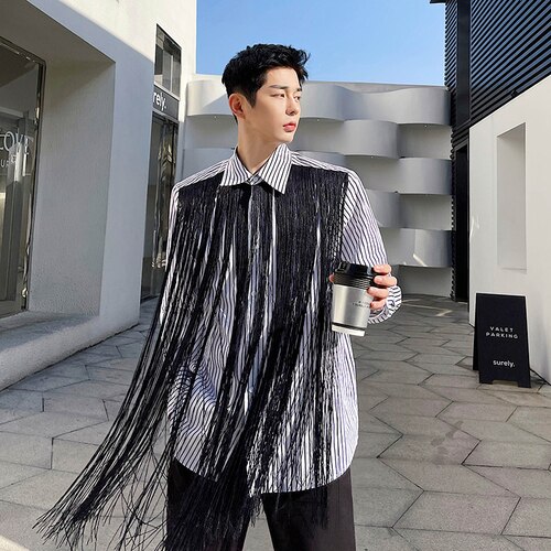 Men's Tassel Long Sleeve Loose Casual Striped Shirts Tops Man Streetwear Vintage Shirt Stage Clothing for male: XL