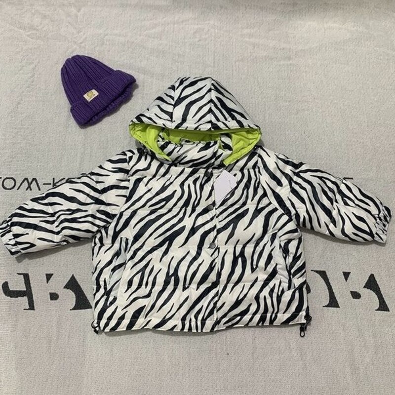 Chaqueta de invierno de cebra para niños y niñas, abrigo con capucha, Parka corta, ropa de nieve