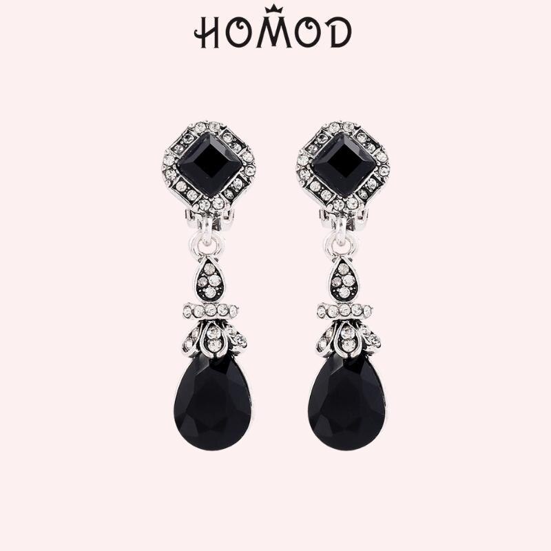 HOMOD Trendy Vintage Silver Color Black Earring Clips No Pierced Ear Clips Earrings Women Long Crystal Earings Red Dangle