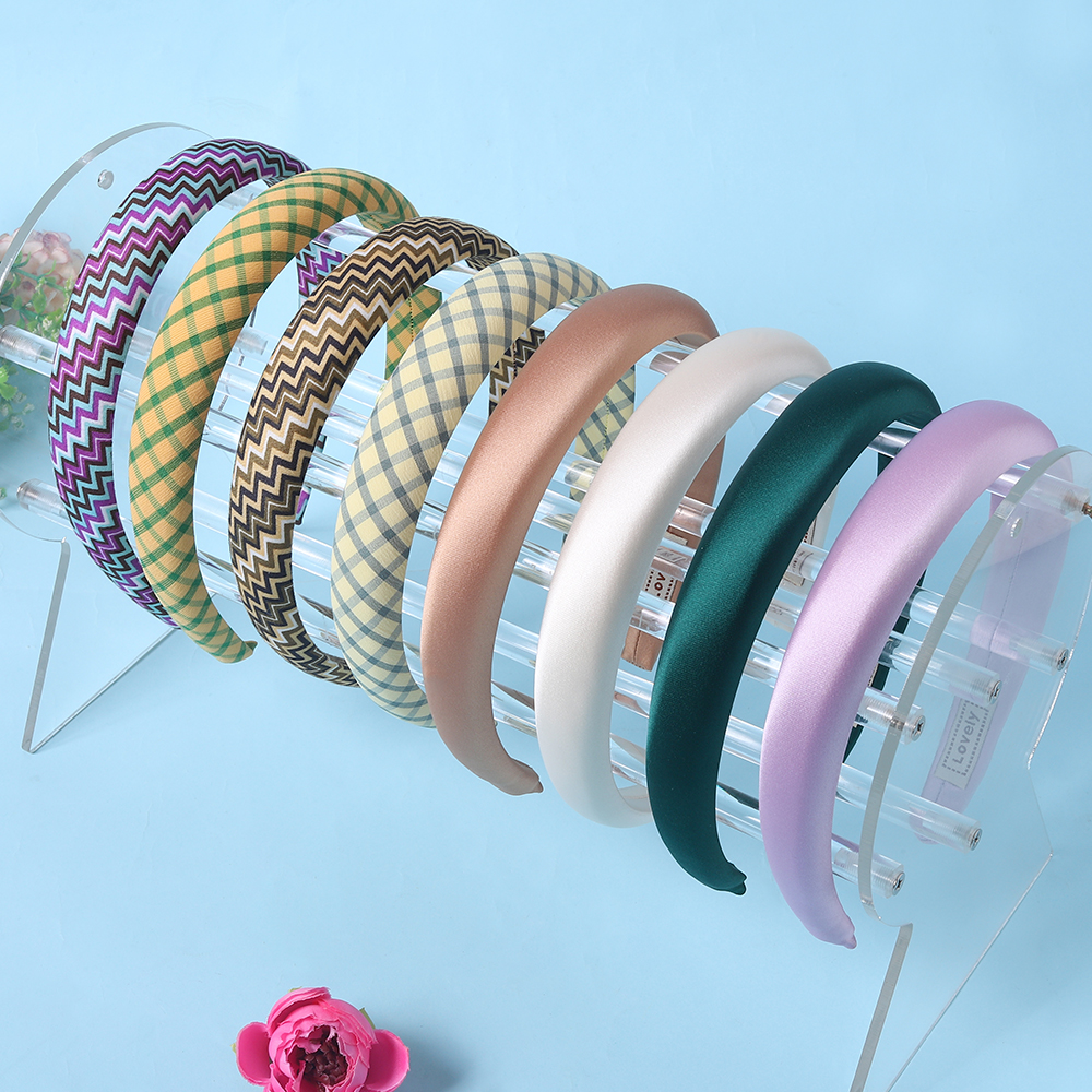 2.5cm Solid Color Plaid Hairband Wide Edge Satin Plaid Sponge Elastic Hair Bands for Women Bandeau Cheveux