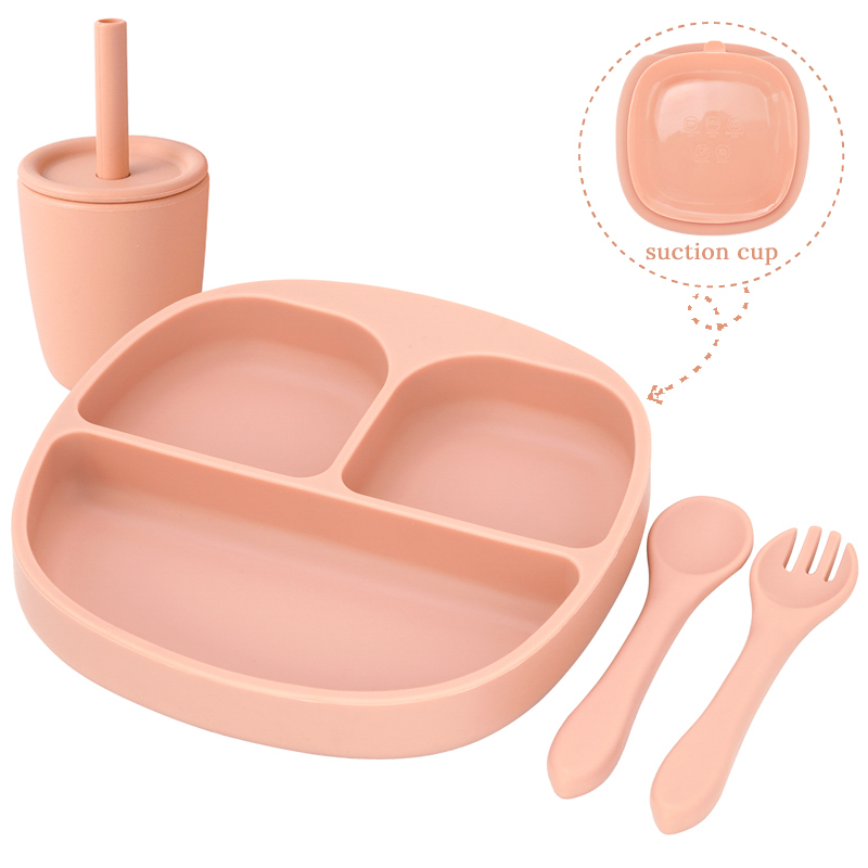 BPA Free Children's Tableware Baby Feeding Solid Food Dinner Set Plates Training Bowl Feeding Dishes Spoon Fork Straw Cup: 06-muted