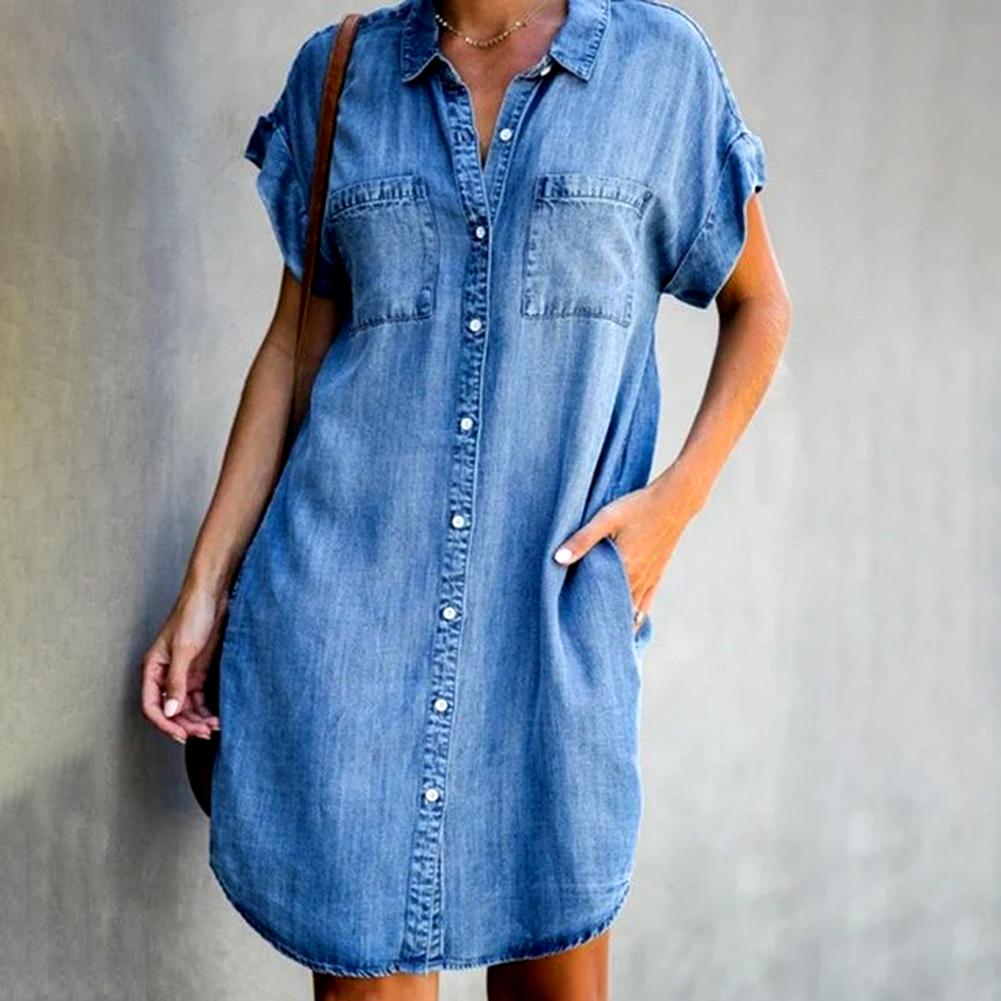 Plus Size Denim Jurk Vrouwen Korte Mouwen Zakken Single-Breasted Onregelmatige Zoom Knielange Losse Jurk Lente Zomer jurken