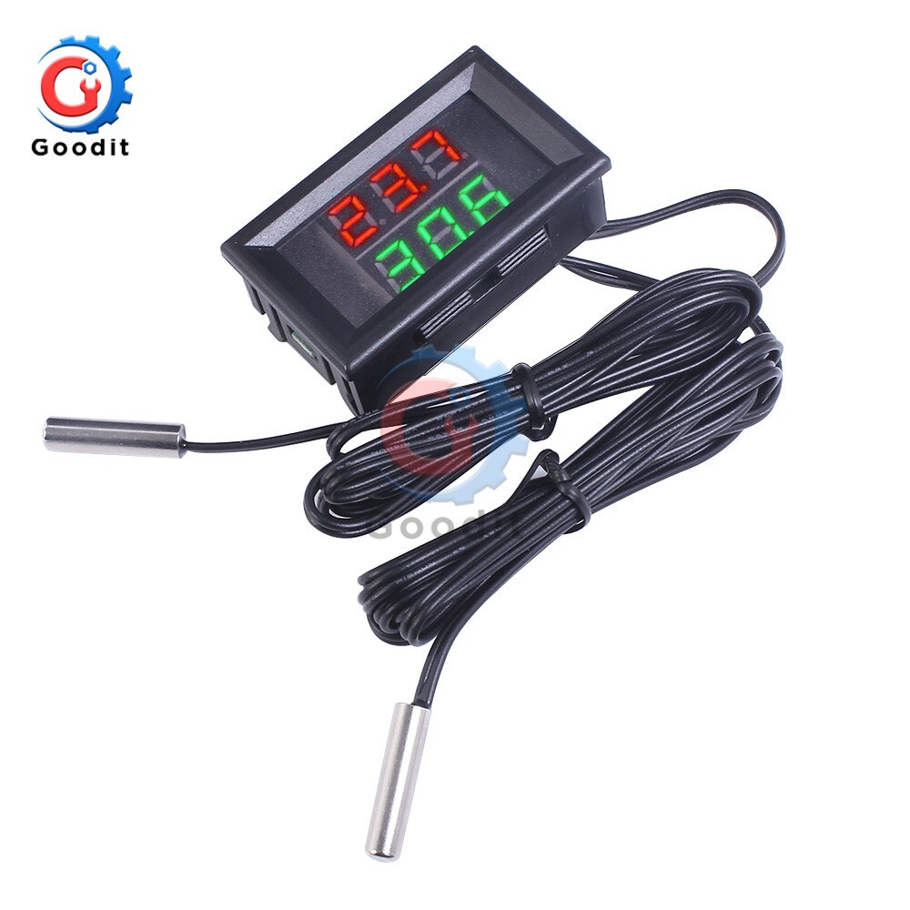 Mini LED Dual Display Digital Thermometer DC 4V-28V 0.28 inch w/ Dual NTC Waterproof Metal Probe Temperature Sensor Tester for I: 3 Bits Red Green