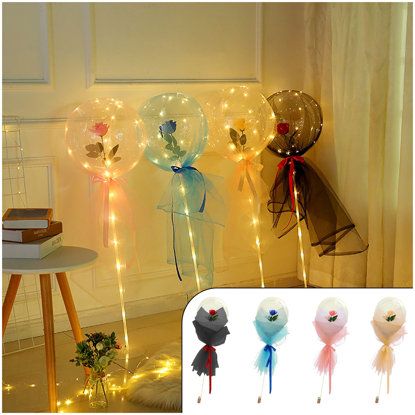 LED Luminous Balloon Rose Bouquet Transparent Bobo Ball Rose Valentines Day Birthday Party Wedding Decoration Balloons