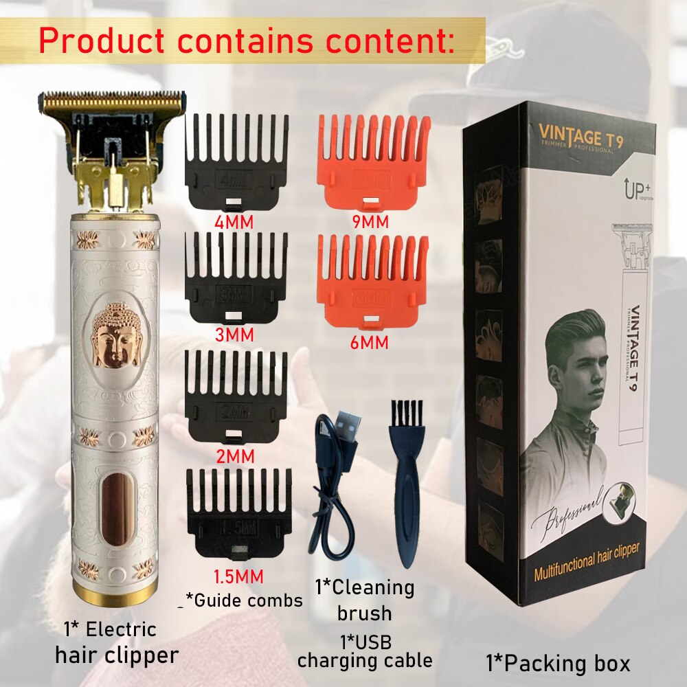 2022 T9 Hair Clipper Limit Comb 6MM 9MM Haircut Machine Shaving Cutting Vintage T9 Machine Beard Trimmer for Men: white buddha 69